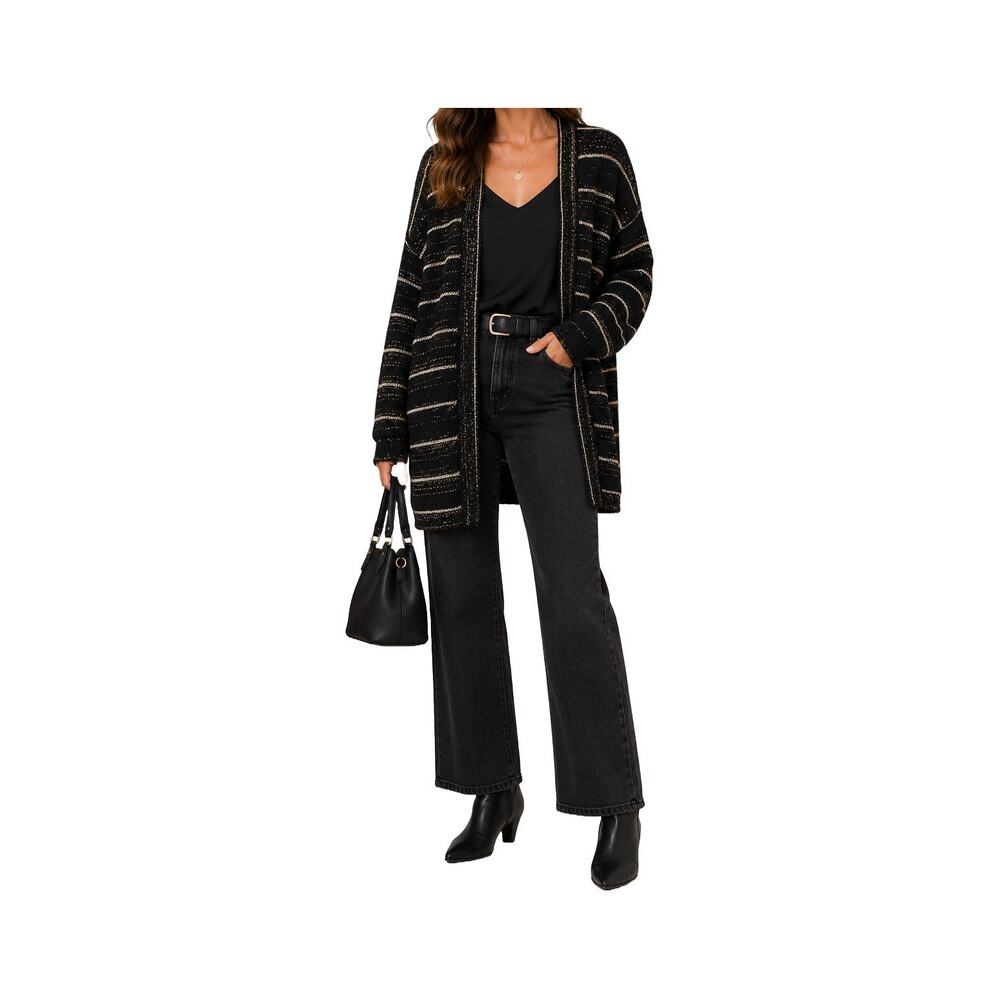 ModCloth Black Metallic Striped Cardigan Fuzzy Open Front Sweater S Soft Grunge - Picture 5 of 6